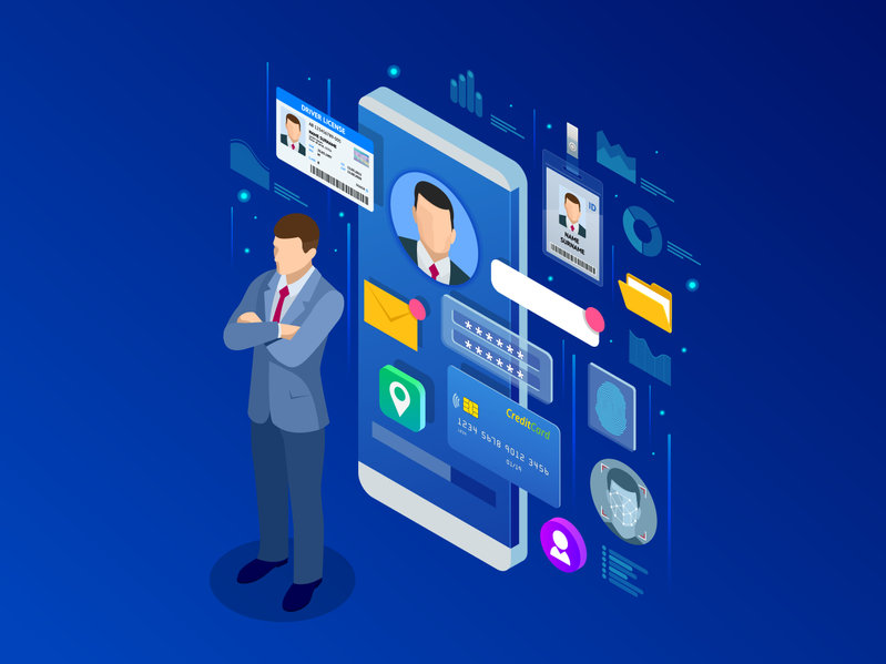 Isometric Personal Data Information App, Identity Private Concept. Digital data Secure Banner. Biometrics technology vector illustration for personal identity recognition and access authentication. (Isometric Personal Data Information App, Identity Pr