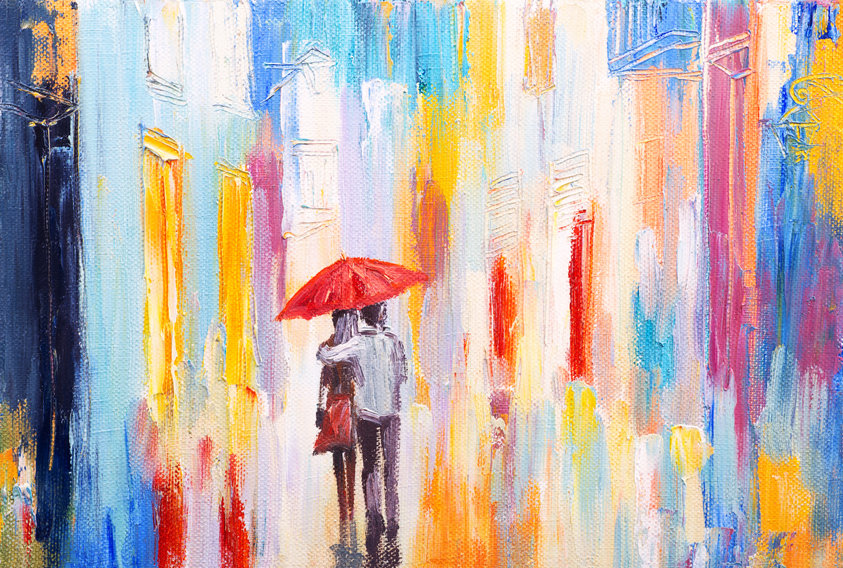 couple is walking in the rain under an umbrella, abstract colorf